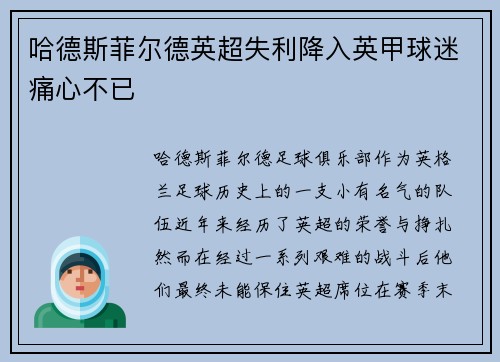 哈德斯菲尔德英超失利降入英甲球迷痛心不已