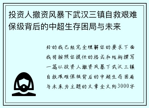 投资人撤资风暴下武汉三镇自救艰难保级背后的中超生存困局与未来