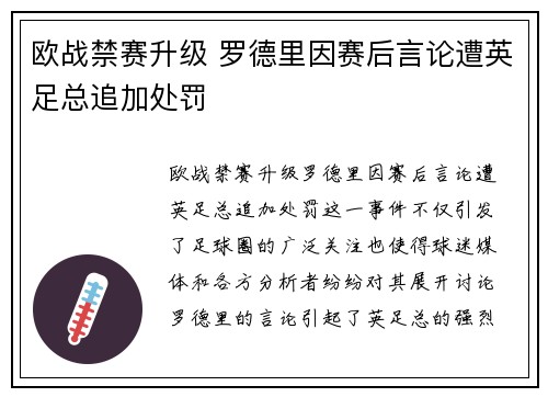 欧战禁赛升级 罗德里因赛后言论遭英足总追加处罚